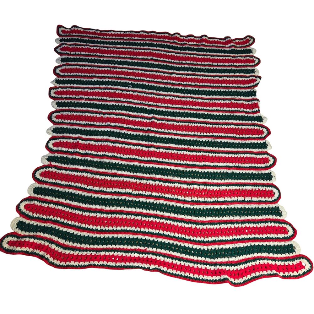 Handmade Crochet Afghan Blanket Red Green White Christmas Throw 73x70